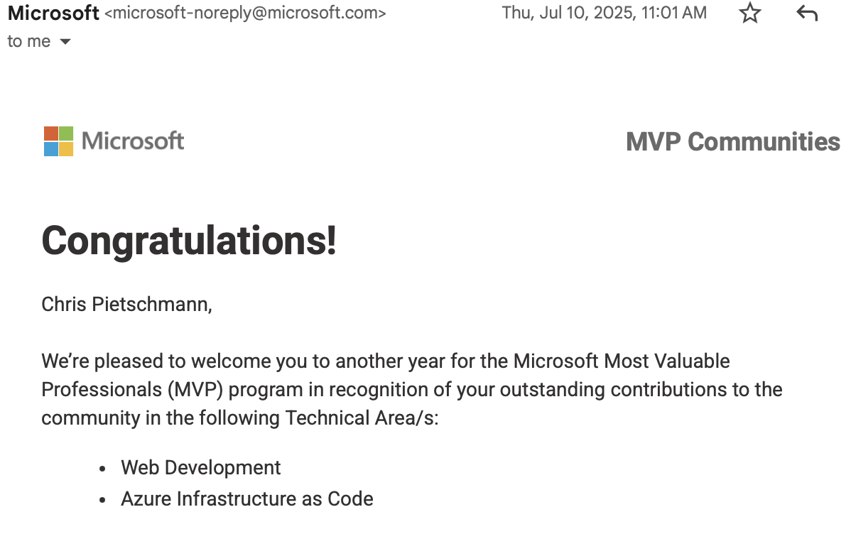 Congratulations being Awarded Microsoft MVP! email